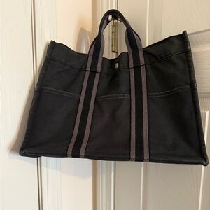 Authentic Hermes Stylish Black Canvas Tote Bag with Pockets and matching wallet